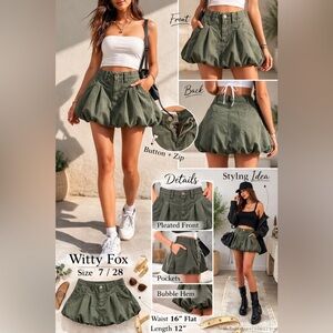 Witty Fox Olive Green Bubble Hem Mini Skirt Size 7/28 Cotton